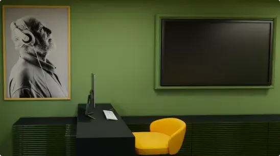 Modernes Büro mit grünem Wänden, gelbem Stuhl, Computer und großem Bildschirm.