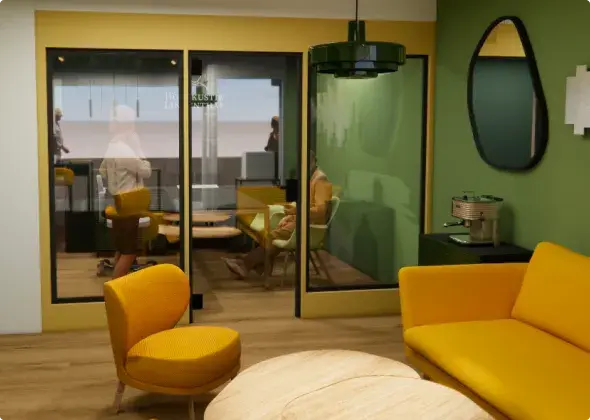 Modernes Büro mit gelben Sitzmöbeln, Glaswänden und stilvollem, grünem Interieur.